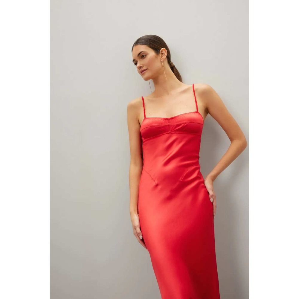 Anna October Waterlily Midi Dress Red Open Back Spaghetti Strap Satin Slip Sz L